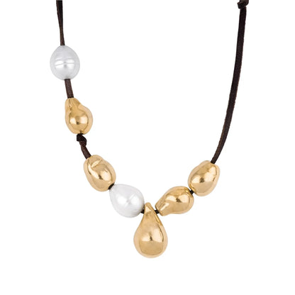 Collar de piel de canguro, con 25 perlas en baño de oro de 22K, con 10 perlas australianas - Joyería y bisutería fina