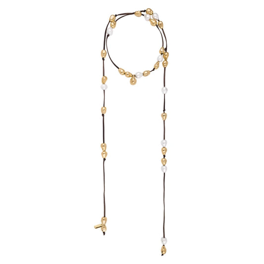 Collar de piel de canguro, con 25 perlas en baño de oro de 22K, con 10 perlas australianas - Joyería y bisutería fina