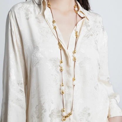 Collar de piel de canguro, con 25 perlas en baño de oro de 22K, con 10 perlas australianas - Joyería y bisutería fina