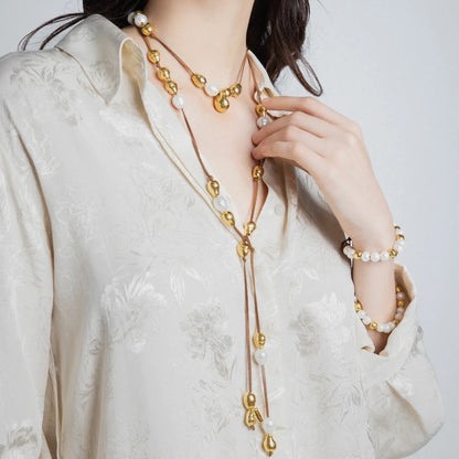 Collar de piel de canguro, con 25 perlas en baño de oro de 22K, con 10 perlas australianas - Joyería y bisutería fina
