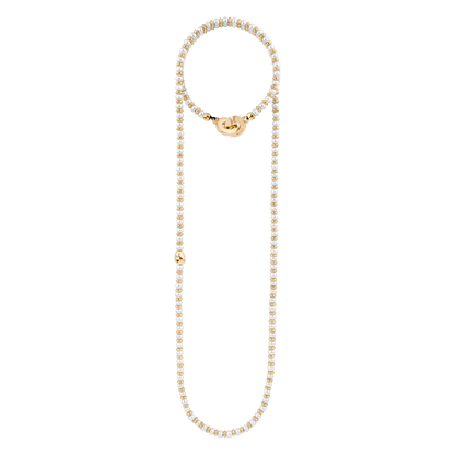 Collar de 53cm en baño de oro 22K, oro rosa 22K o rodio, con perlas japonesas de 5mm, cuenta de dona y perla central - Joyería y bisutería fina