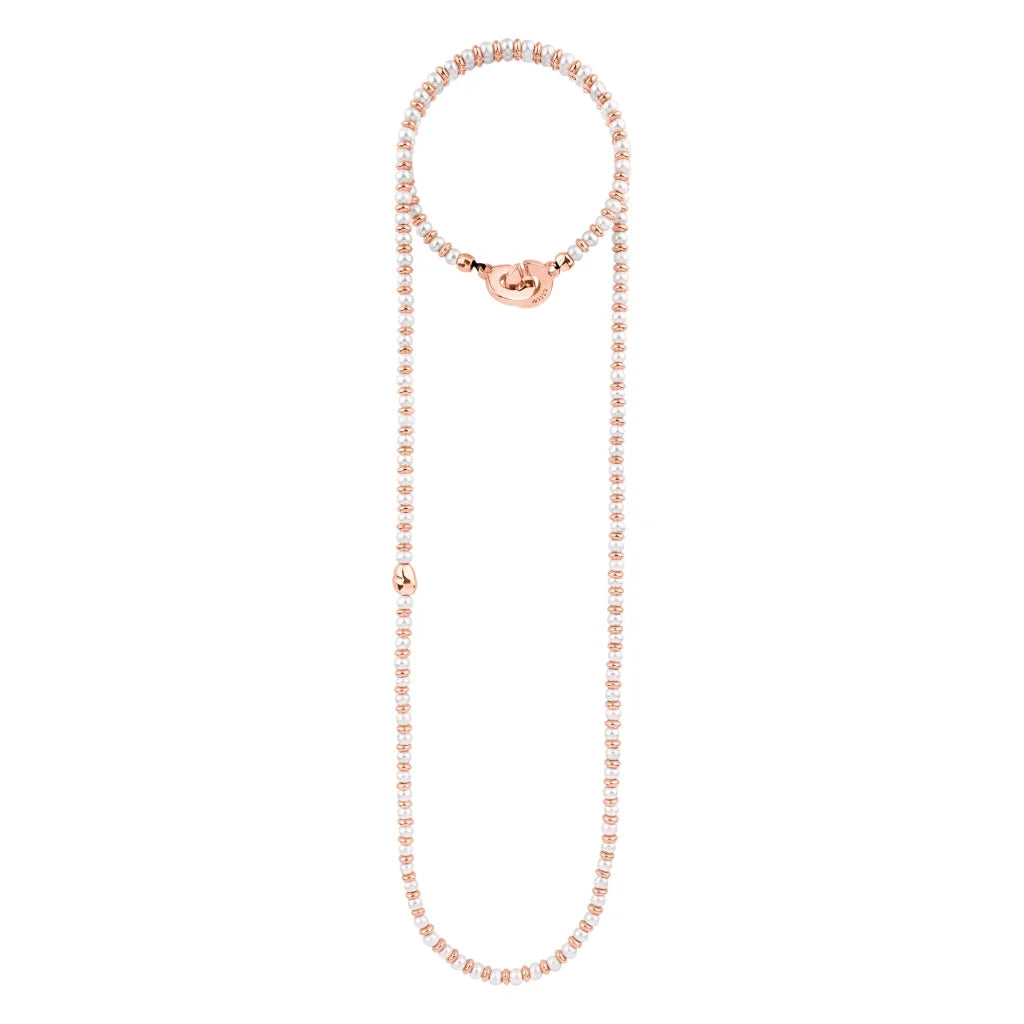 Collar de 53cm en baño de oro 22K, oro rosa 22K o rodio, con perlas japonesas de 5mm, cuenta de dona y perla central - Joyería y bisutería fina