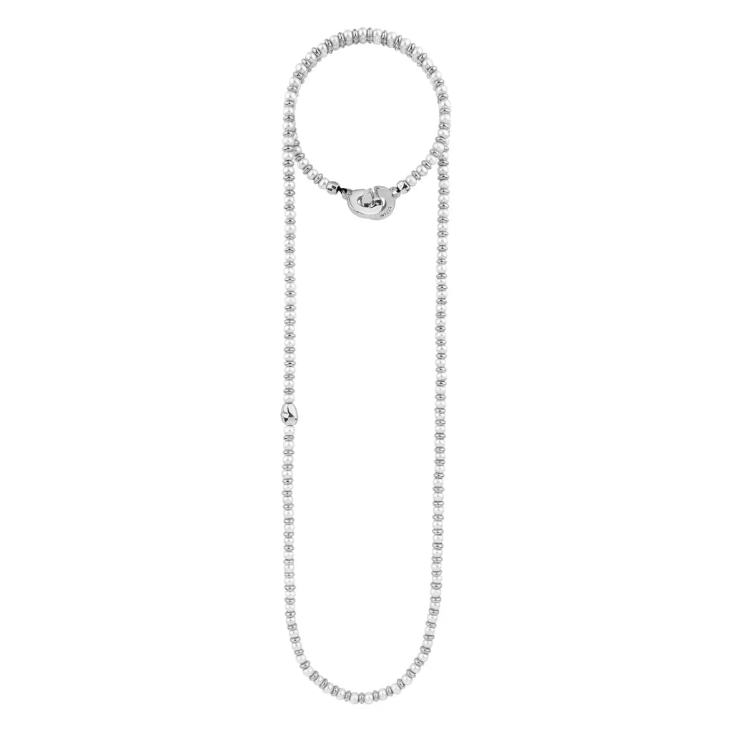 Collar de 53cm en baño de oro 22K, oro rosa 22K o rodio, con perlas japonesas de 5mm, cuenta de dona y perla central - Joyería y bisutería fina