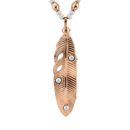 Collar con dije de pluma en baño de oro 22K, rodio u oro rosa 22K con perlas japonesas de 5mm incrustadas con 54.5cm de largo - Joyería y bisutería fina