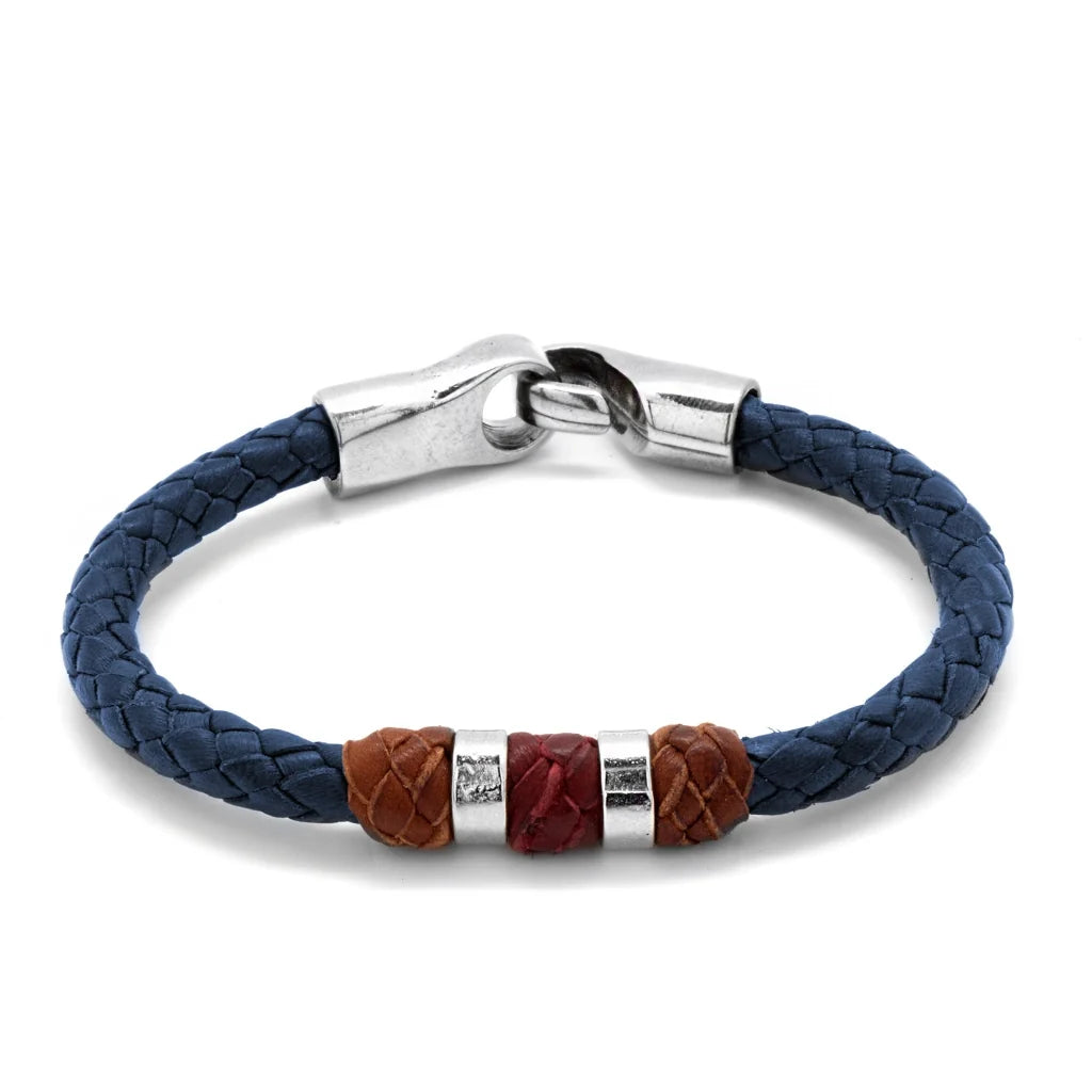 Pulsera para hombre, elaborada con piel natural de borrego trenzada, nudos de piel trenzados en diferentes tonos, cilindros y broche en terminado acero - Joyería y bisutería fina