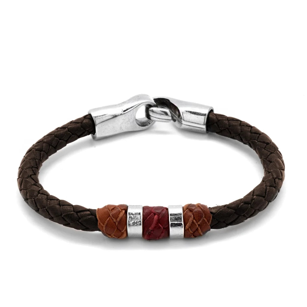Pulsera para hombre, elaborada con piel natural de borrego trenzada, nudos de piel trenzados en diferentes tonos, cilindros y broche en terminado acero - Joyería y bisutería fina