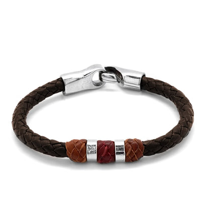 Pulsera para hombre, elaborada con piel natural de borrego trenzada, nudos de piel trenzados en diferentes tonos, cilindros y broche en terminado acero - Joyería y bisutería fina