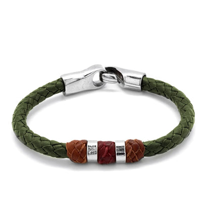 Pulsera para hombre, elaborada con piel natural de borrego trenzada, nudos de piel trenzados en diferentes tonos, cilindros y broche en terminado acero - Joyería y bisutería fina