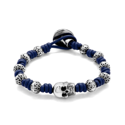 Pulsera de nudos de piel natural española, con broche de botón, mantras y calavera en terminado de acero - Joyería y bisutería fina