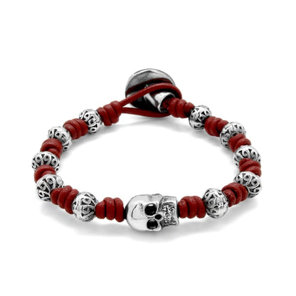 Pulsera de nudos de piel natural española, con broche de botón, mantras y calavera en terminado de acero - Joyería y bisutería fina