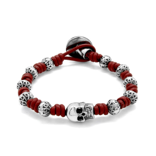 Pulsera de nudos de piel natural española, con broche de botón, mantras y calavera en terminado de acero - Joyería y bisutería fina