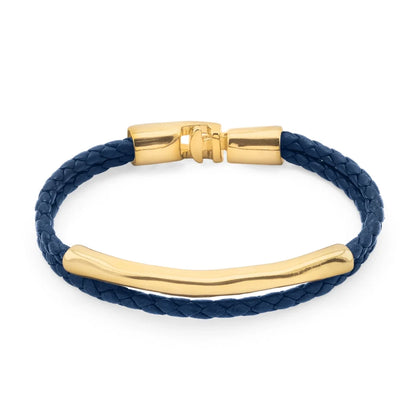 Pulsera de piel natural de borrego trenzada, con broche y detalle tubular en baño de oro de 22K - Joyería y bisutería fina