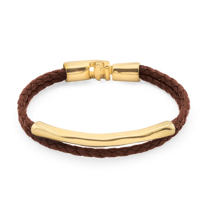 Pulsera de piel natural de borrego trenzada, con broche y detalle tubular en baño de oro de 22K - Joyería y bisutería fina