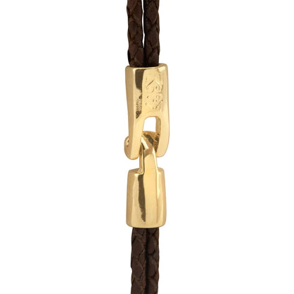 Pulsera de piel natural de borrego trenzada, con broche y detalle tubular en baño de oro de 22K - Joyería y bisutería fina