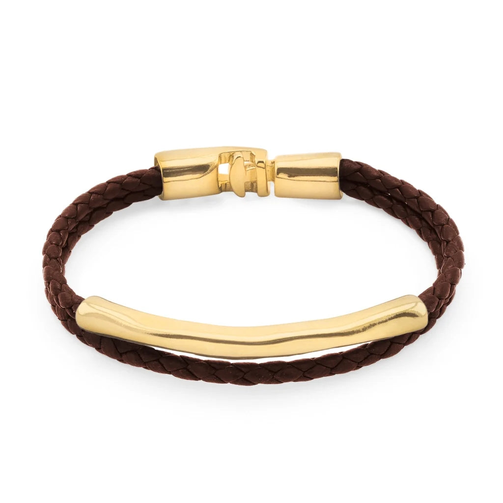 Pulsera de piel natural de borrego trenzada, con broche y detalle tubular en baño de oro de 22K - Joyería y bisutería fina