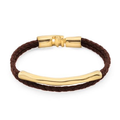 Pulsera de piel natural de borrego trenzada, con broche y detalle tubular en baño de oro de 22K - Joyería y bisutería fina