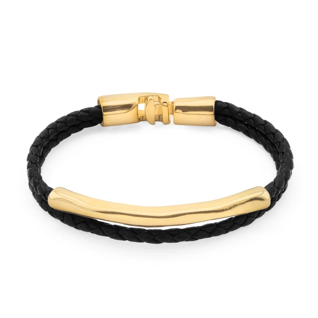 Pulsera de piel natural de borrego trenzada, con broche y detalle tubular en baño de oro de 22K - Joyería y bisutería fina