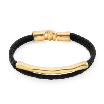 Pulsera de piel natural de borrego trenzada, con broche y detalle tubular en baño de oro de 22K - Joyería y bisutería fina