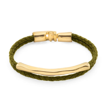 Pulsera de piel natural de borrego trenzada, con broche y detalle tubular en baño de oro de 22K - Joyería y bisutería fina