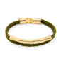 Pulsera de piel natural de borrego trenzada, con broche y detalle tubular en baño de oro de 22K - Joyería y bisutería fina