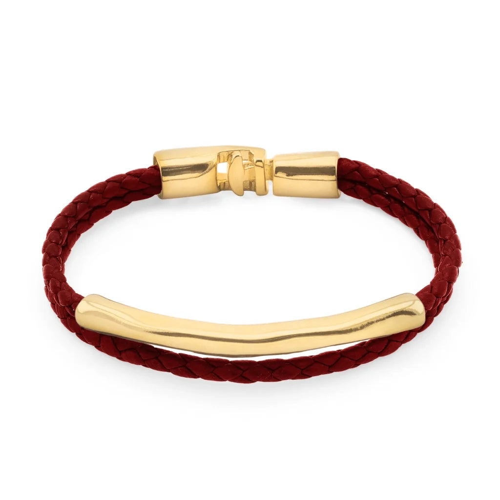 Pulsera de piel natural de borrego trenzada, con broche y detalle tubular en baño de oro de 22K - Joyería y bisutería fina