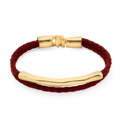 Pulsera de piel natural de borrego trenzada, con broche y detalle tubular en baño de oro de 22K - Joyería y bisutería fina
