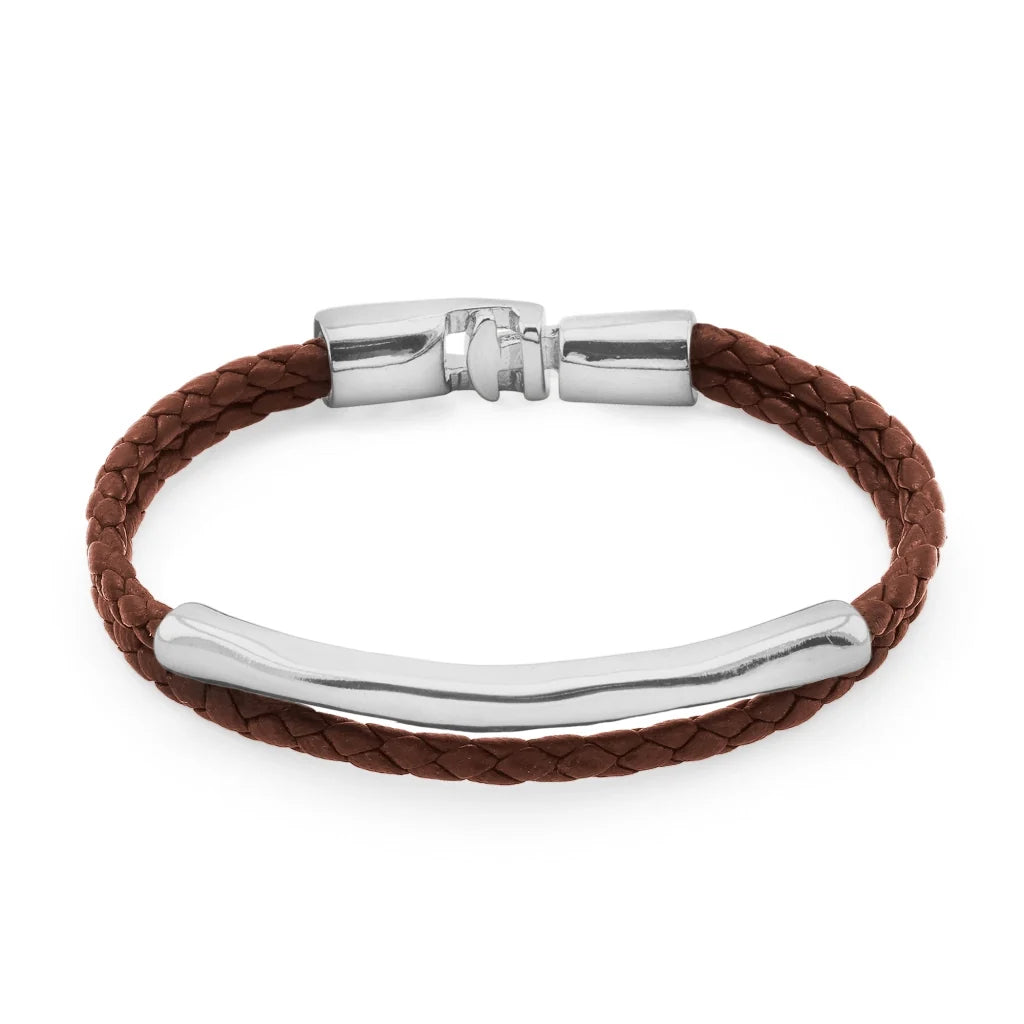 Pulsera de piel natural de borrego trenzada, con broche y detalle tubular en baño de rodio - Joyería y bisutería fina