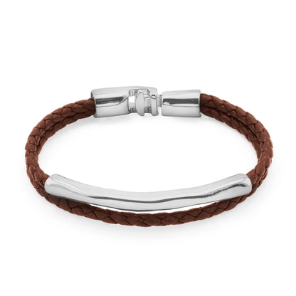 Pulsera de piel natural de borrego trenzada, con broche y detalle tubular en baño de rodio - Joyería y bisutería fina