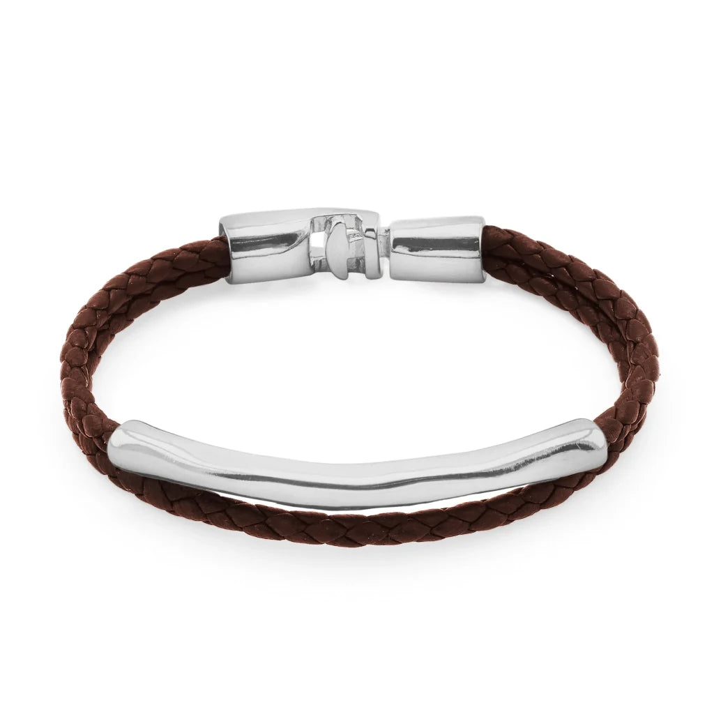 Pulsera de piel natural de borrego trenzada, con broche y detalle tubular en baño de rodio - Joyería y bisutería fina