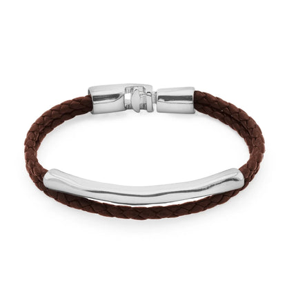 Pulsera de piel natural de borrego trenzada, con broche y detalle tubular en baño de rodio - Joyería y bisutería fina