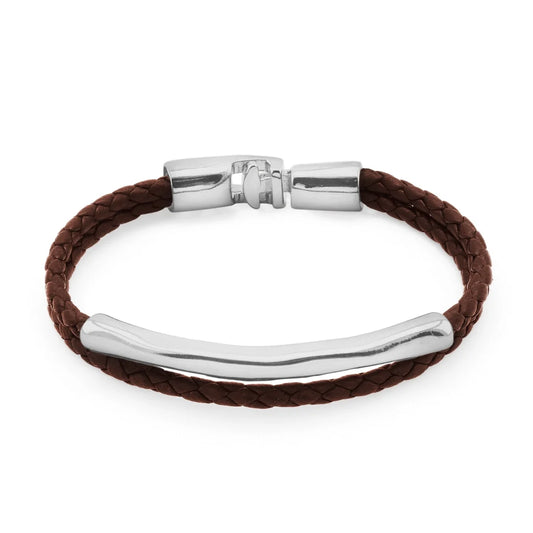Pulsera de piel natural de borrego trenzada, con broche y detalle tubular en baño de rodio - Joyería y bisutería fina