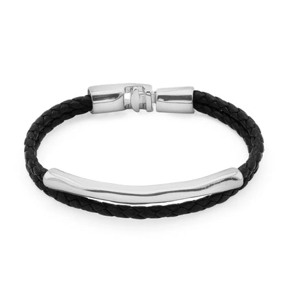 Pulsera de piel natural de borrego trenzada, con broche y detalle tubular en baño de rodio - Joyería y bisutería fina