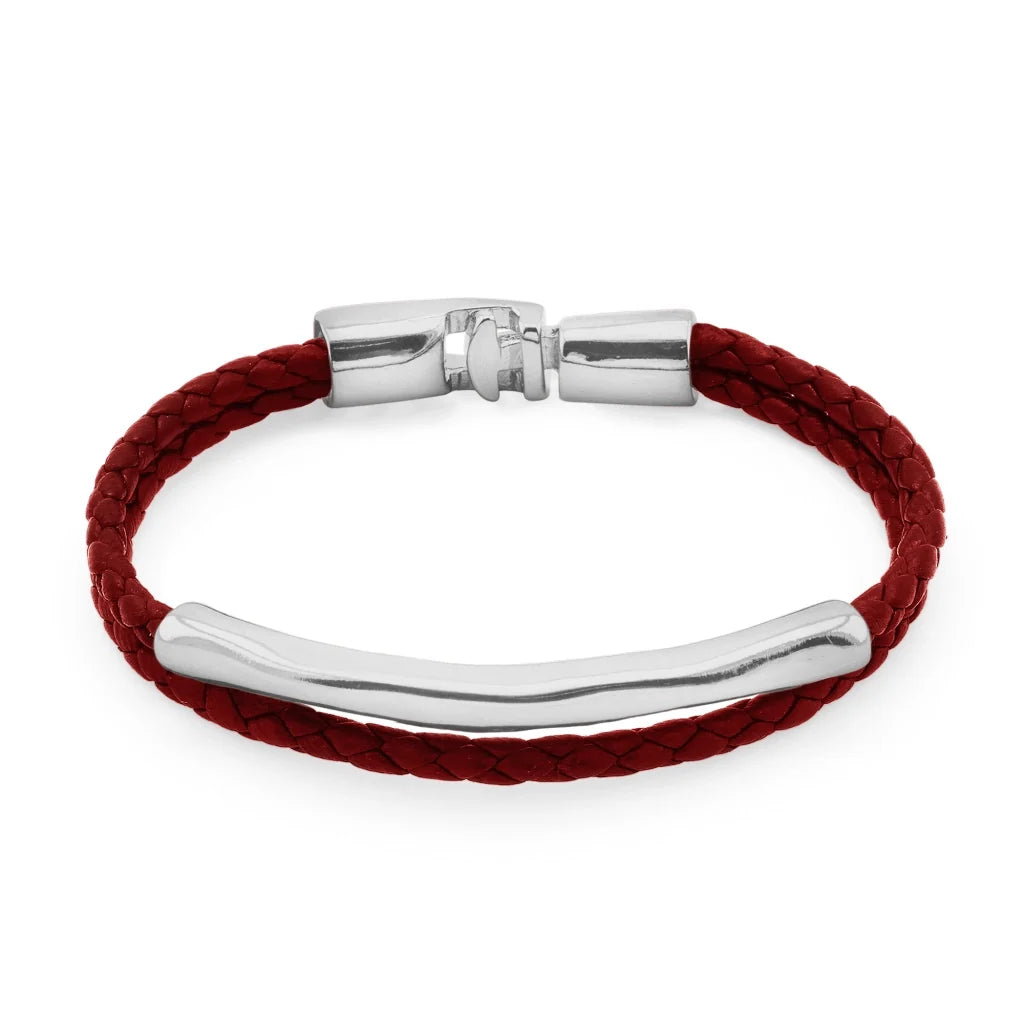 Pulsera de piel natural de borrego trenzada, con broche y detalle tubular en baño de rodio - Joyería y bisutería fina