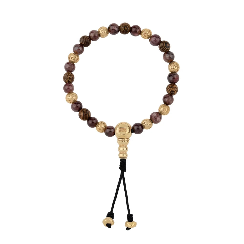 Pulsera con cuentas de madera de ébano de Nepal 8mm, piedra 6mm, con broche ajustable y cuentas volcánicas en baño de oro de 22K - Joyería y bisutería fina