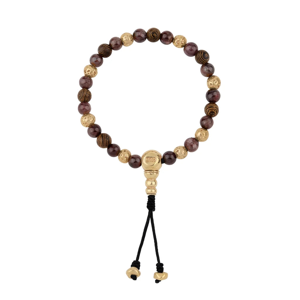 Pulsera con cuentas de madera de ébano de Nepal 8mm, piedra 6mm, con broche ajustable y cuentas volcánicas en baño de oro de 22K - Joyería y bisutería fina