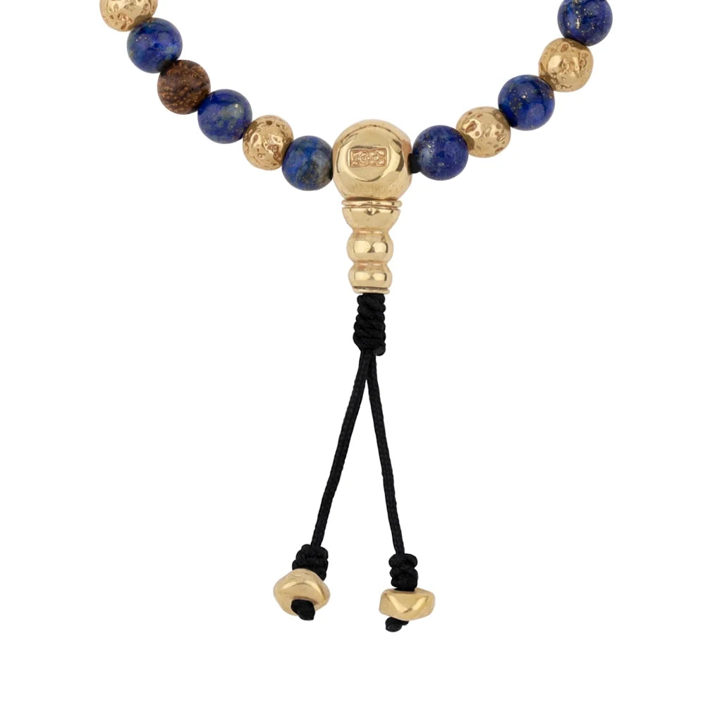 Pulsera con cuentas de madera de ébano de Nepal 8mm, piedra 6mm, con broche ajustable y cuentas volcánicas en baño de oro de 22K - Joyería y bisutería fina
