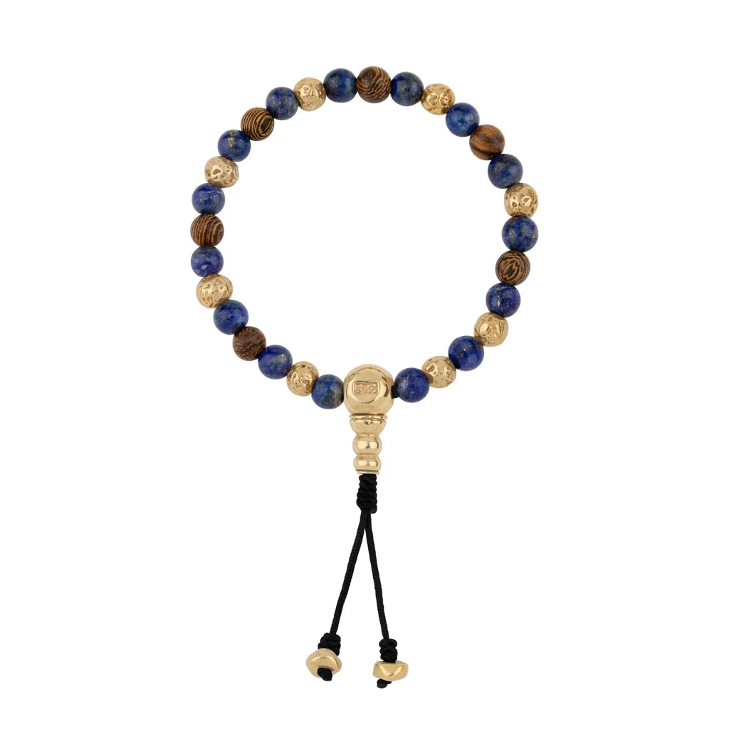 Pulsera con cuentas de madera de ébano de Nepal 8mm, piedra 6mm, con broche ajustable y cuentas volcánicas en baño de oro de 22K - Joyería y bisutería fina