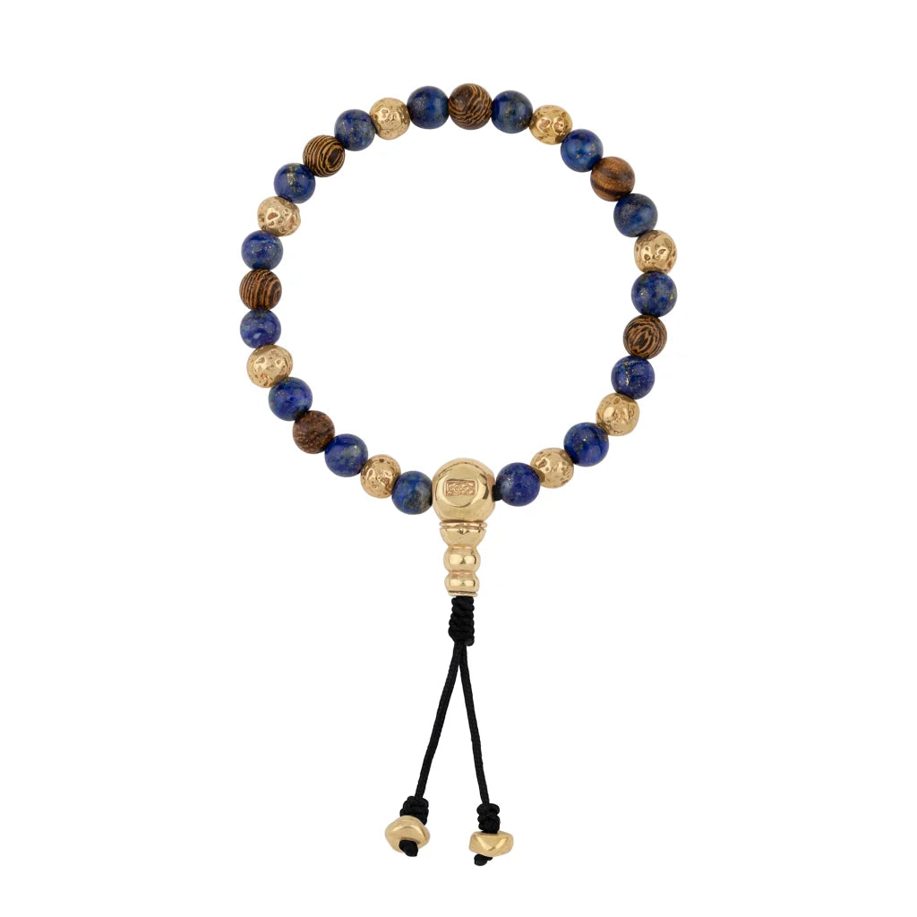Pulsera con cuentas de madera de ébano de Nepal 8mm, piedra 6mm, con broche ajustable y cuentas volcánicas en baño de oro de 22K - Joyería y bisutería fina