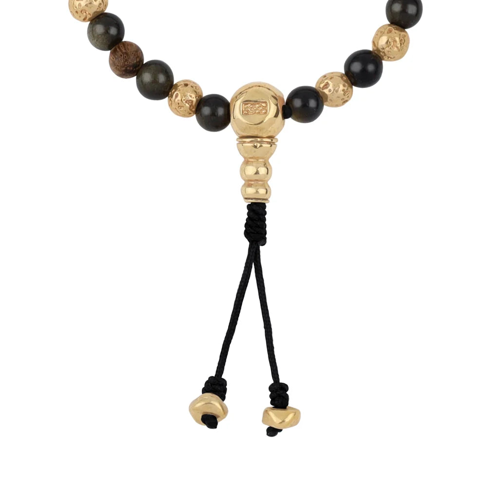 Pulsera con cuentas de madera de ébano de Nepal 8mm, piedra 6mm, con broche ajustable y cuentas volcánicas en baño de oro de 22K - Joyería y bisutería fina