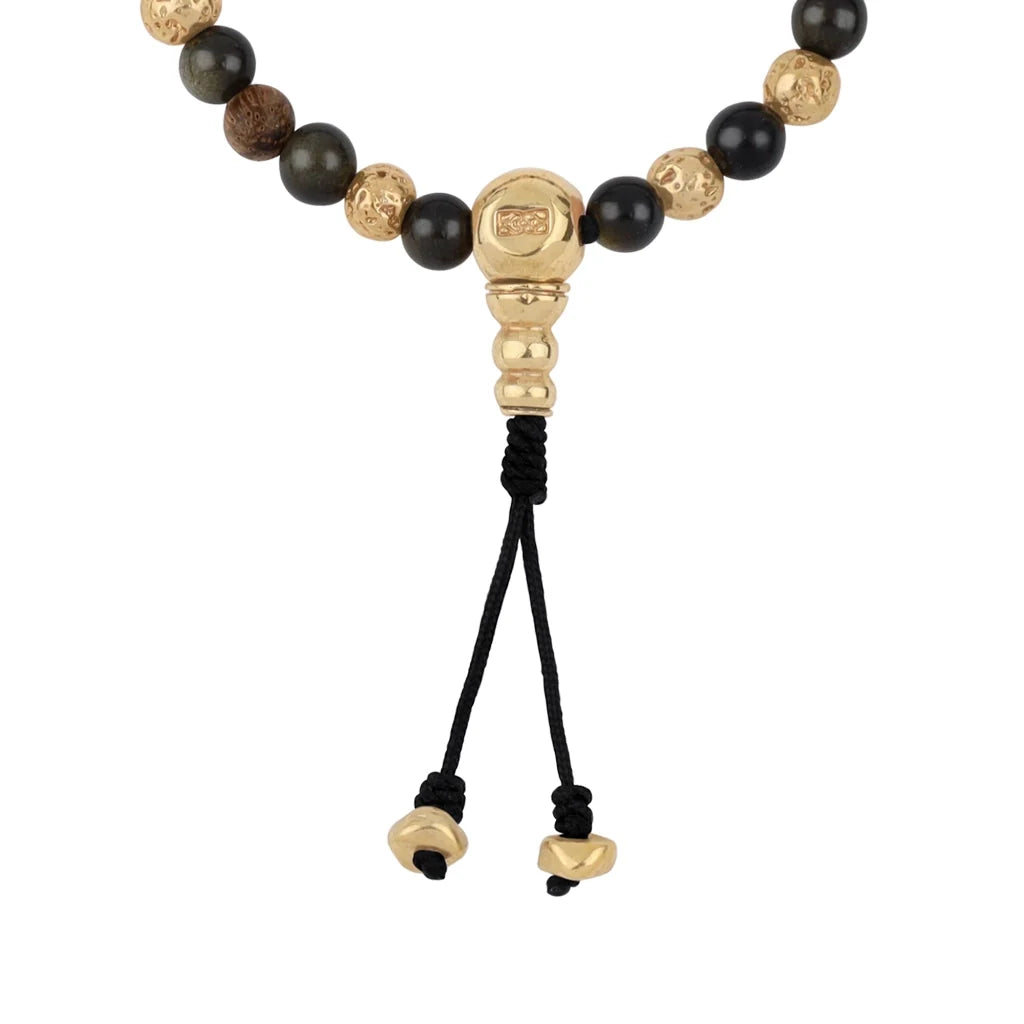 Pulsera con cuentas de madera de ébano de Nepal 8mm, piedra 6mm, con broche ajustable y cuentas volcánicas en baño de oro de 22K - Joyería y bisutería fina