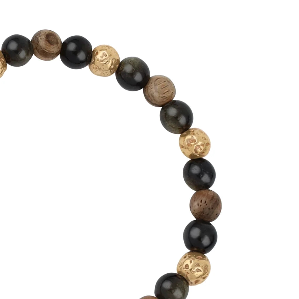 Pulsera con cuentas de madera de ébano de Nepal 8mm, piedra 6mm, con broche ajustable y cuentas volcánicas en baño de oro de 22K - Joyería y bisutería fina