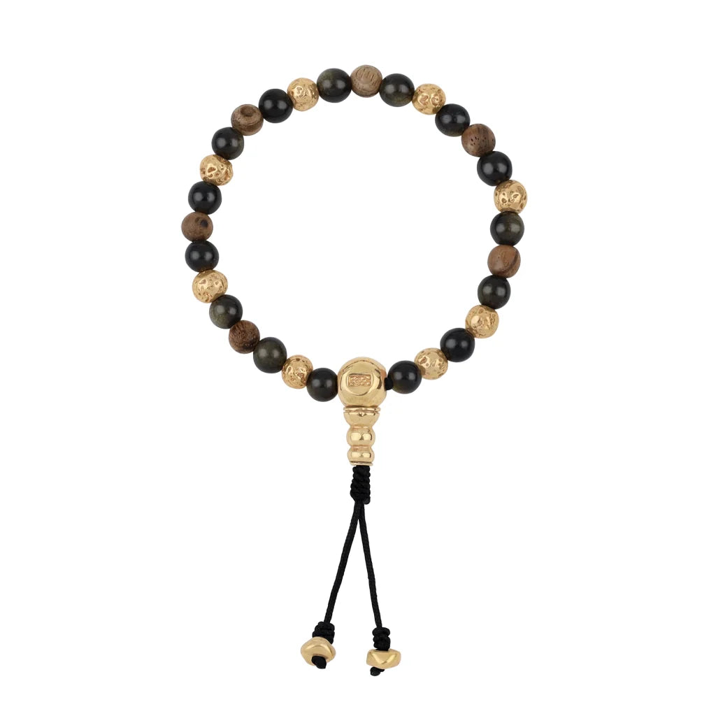 Pulsera con cuentas de madera de ébano de Nepal 8mm, piedra 6mm, con broche ajustable y cuentas volcánicas en baño de oro de 22K - Joyería y bisutería fina