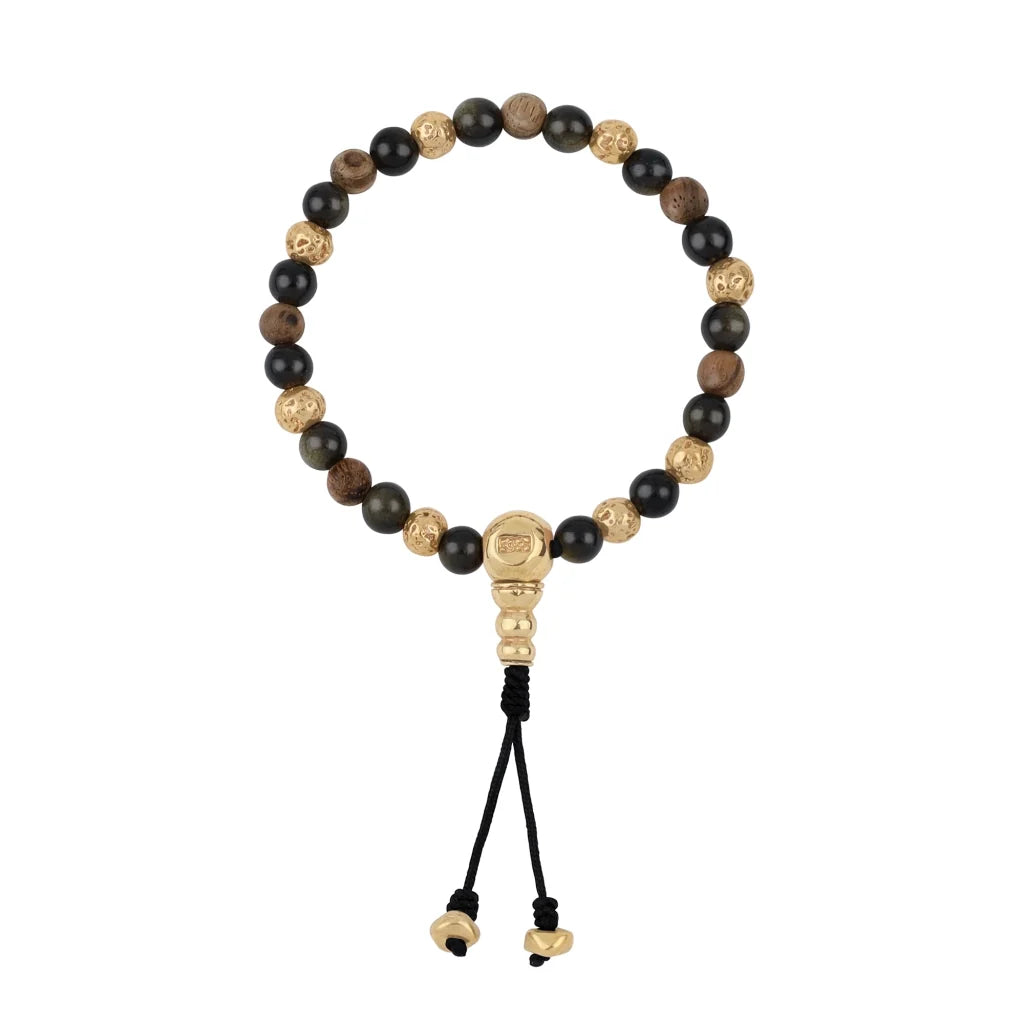 Pulsera con cuentas de madera de ébano de Nepal 8mm, piedra 6mm, con broche ajustable y cuentas volcánicas en baño de oro de 22K - Joyería y bisutería fina