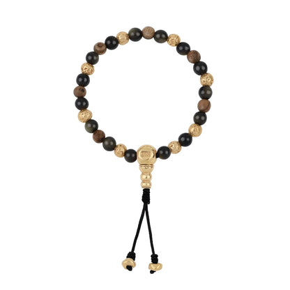 Pulsera con cuentas de madera de ébano de Nepal 8mm, piedra 6mm, con broche ajustable y cuentas volcánicas en baño de oro de 22K - Joyería y bisutería fina