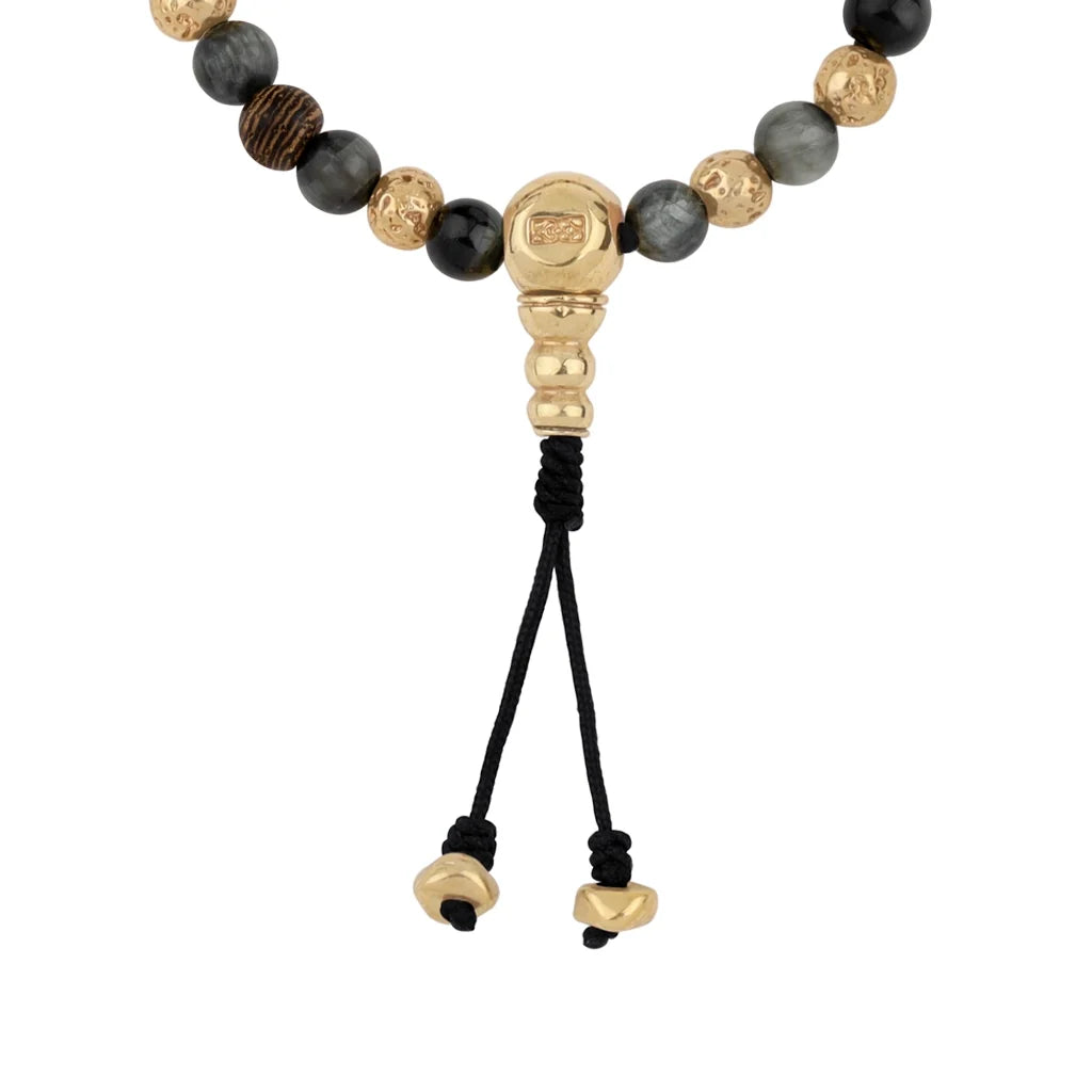 Pulsera con cuentas de madera de ébano de Nepal 8mm, piedra 6mm, con broche ajustable y cuentas volcánicas en baño de oro de 22K - Joyería y bisutería fina