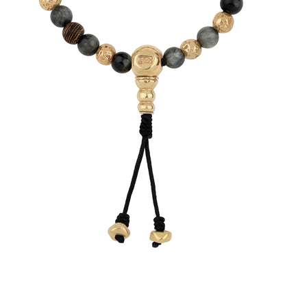 Pulsera con cuentas de madera de ébano de Nepal 8mm, piedra 6mm, con broche ajustable y cuentas volcánicas en baño de oro de 22K - Joyería y bisutería fina