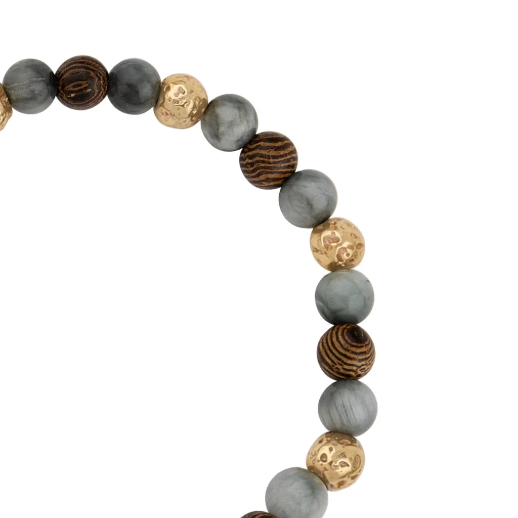 Pulsera con cuentas de madera de ébano de Nepal 8mm, piedra 6mm, con broche ajustable y cuentas volcánicas en baño de oro de 22K - Joyería y bisutería fina