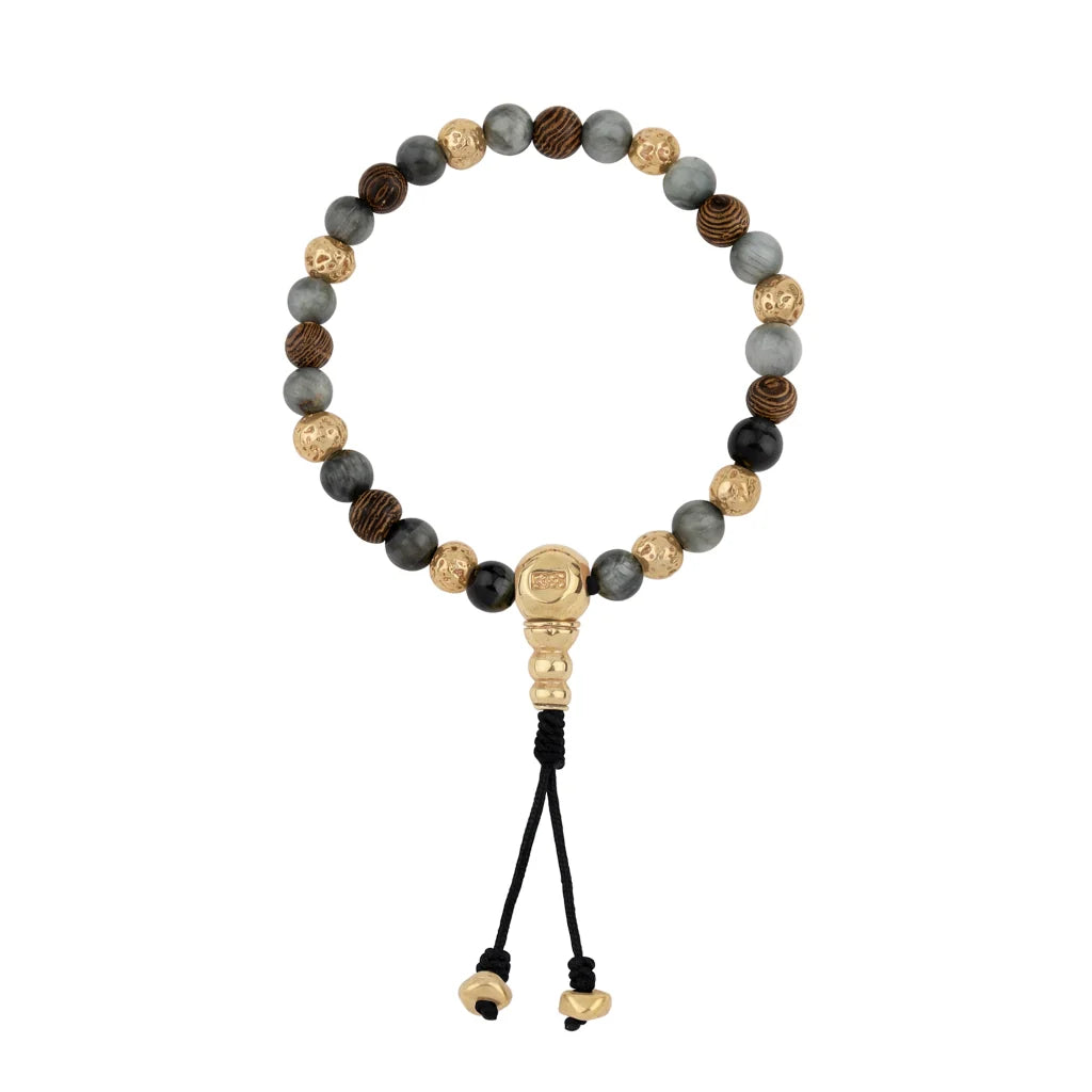 Pulsera con cuentas de madera de ébano de Nepal 8mm, piedra 6mm, con broche ajustable y cuentas volcánicas en baño de oro de 22K - Joyería y bisutería fina