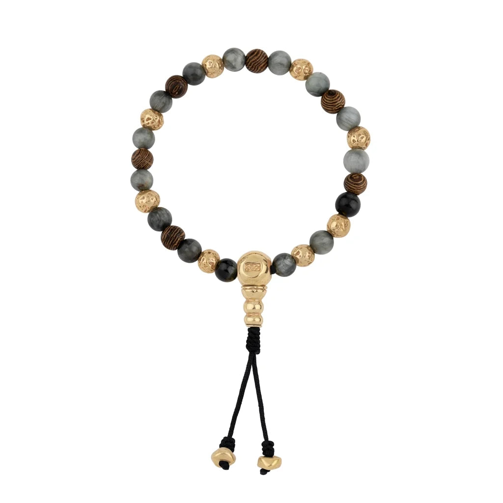 Pulsera con cuentas de madera de ébano de Nepal 8mm, piedra 6mm, con broche ajustable y cuentas volcánicas en baño de oro de 22K - Joyería y bisutería fina