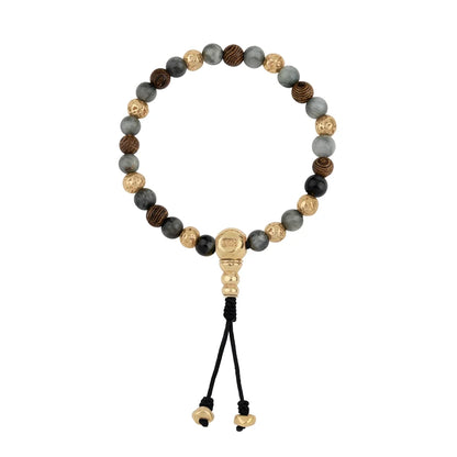 Pulsera con cuentas de madera de ébano de Nepal 8mm, piedra 6mm, con broche ajustable y cuentas volcánicas en baño de oro de 22K - Joyería y bisutería fina